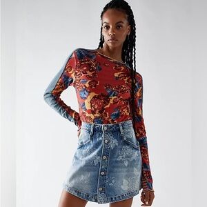 Free People  Red Combo MixPrint MASH UP Long Sleeve Tee Floral Stripe NWT Small